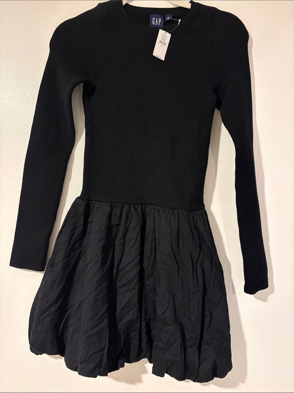 GAP Black Rib-Knit Long Sleeve Mini Dress with Gathered Skirt